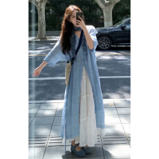 批发法式气质蓝色衬衫连衣裙子<b class='q'>女</b>夏季2026新款海边度假高级感长裙套装