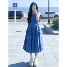 批发法式蓝色无袖背心连衣裙子<b class='q'>女</b>夏季2026新款海边度假高级感花苞长<b class='q'>裙</b>