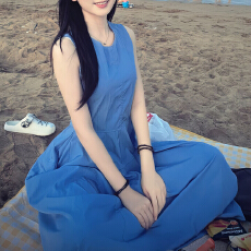 批发法式蓝色无袖背心连衣裙子<b class='q'>女</b>夏季2026新款海边度假高级感花苞长<b class='q'>裙</b>