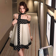 批发2026新款法式绝美波点网纱抹胸连衣裙子<b class='q'>女</b>夏季海边度假公主蓬蓬裙