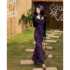 批发法式紫色碎花吊带连衣<b class='q'>裙子</b>女夏季2026新款早初春穿搭包臀长裙套装