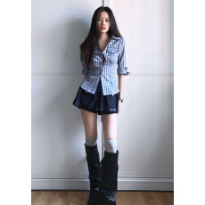 批发早春韩系复古长袖格纹衬衫女夏季格子衬衣掐腰修身显瘦翻领上衣