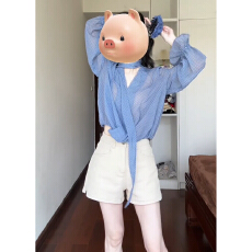 批发设计感蓝色波点v领<b class='q'>雪纺</b>薄款衬衫女夏季2026新款巨好看超火一整套