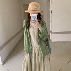 批发韩系慵懒风绿色软糯<b class='q'>针织</b>开衫女2026春季新款宽松显瘦薄款外套上衣