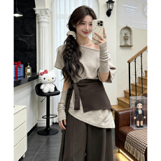 批发韩系巨好看穿搭2026新款露肩t恤女初夏季屁帘阔腿裤子套装一整套