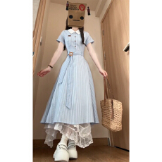 批发韩系翻领蓝色格纹<b class='q'>连衣裙</b>女夏季海边度假裙高级感绑带收腰气质长裙