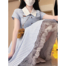 批发韩系翻领蓝色格纹<b class='q'>连衣裙</b>女夏季海边度假裙高级感绑带收腰气质长裙