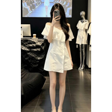 批发法式小个子白色<b class='q'>荷叶边</b>V领连衣裙女夏2026新款高级感收腰气质短裙