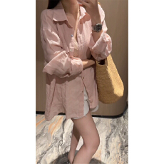 批发韩系漂亮粉色防晒长袖衬衫外套女夏季宽松慵懒风外搭薄款开衫上衣