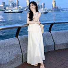 批发2026新款法式清纯白月光无袖连衣裙子女初夏季小个子杏色长裙<b class='q'>套装</b>