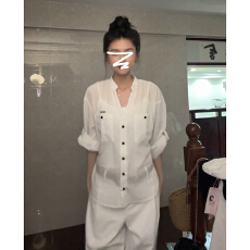批发老钱风穿搭白色V领长袖防晒<b class='q'>衬衫</b>女夏季薄款<b class='q'>衬衣</b>开衫<b class='q'>职业</b>通勤上衣