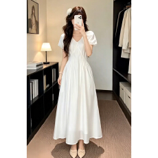 批发法式白色V领泡泡袖<b class='q'>连衣裙</b>女2026夏季新款气质高级感掐腰显瘦长裙