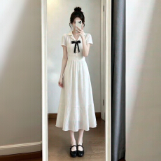 批发法式高级感蝴蝶结白色<b class='q'>连衣裙</b>女夏季2026新款气质收腰显瘦a字长裙