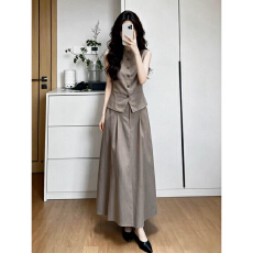 批发老钱风<b class='q'>修身</b>马甲套装女夏季新款淡人通勤立领排扣背心半身裙两件套