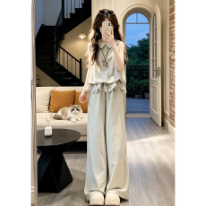 批发巨好看韩系ootd穿搭一整套2026新款无袖上衣女夏季阔脚<b class='q'>裤</b><b class='q'>两件套装</b>