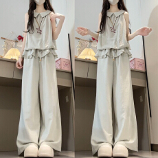 批发巨好看韩系ootd穿搭一整套2026新款无袖上衣女夏季阔脚<b class='q'>裤</b><b class='q'>两件套装</b>