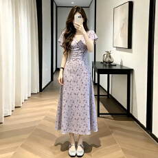 批发法式气质紫色V领碎花<b class='q'>连衣裙</b>子女<b class='q'>夏</b>季2026新款高级感收腰显瘦长裙