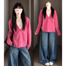 批发粉色连帽针织<b class='q'>开衫</b>外套女2026新款慵懒氛围韩系早秋季穿搭短款上衣