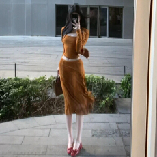 批发韩系穿搭套装裙女早秋季淡人高知收腰显瘦橘色吊带<b class='q'>半身裙</b>子一整套