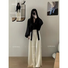 批发开春穿搭一整套大码胖mm衬衫上衣高腰阔腿裤韩系气质御姐<b class='q'>轻熟</b>套装