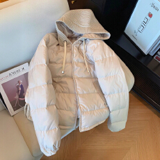 批发针织拼接连帽羽绒棉服女冬季大码胖mm韩系高级感宽松加厚棉衣外套
