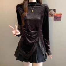 批发半高领打底衫女秋冬大码胖mm独特漂亮气质<b class='q'>不规则</b>蕾丝拼接丝绒上衣