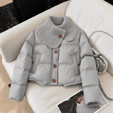 批发小个子短款针织翻领拼接羽绒棉服女冬季新款高级洋气加厚保暖外套