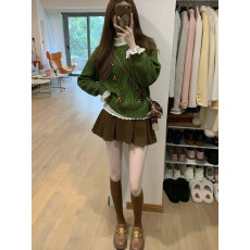 批发冬季穿搭一整套<b class='q'>大码</b>胖mm绿色针织毛衣内搭短裙超火独特复古套装女