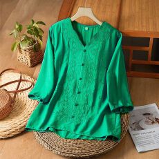 批发高档夏季女装复古刺绣棉麻v领中袖中年女士时尚休闲<b class='q'>大码</b>宽松上衣