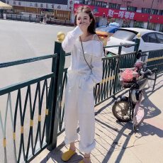 批发夏季搭配一整套<b class='q'>大码</b>胖mm白色露肩上衣休闲阔腿裤松弛感时尚套装女