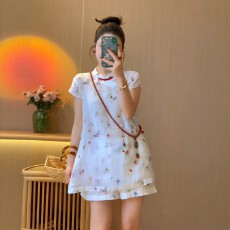批发夏日超火一整套胖mm新中式国风刺绣提花上衣短<b class='q'>裤</b>子气质温柔风套装