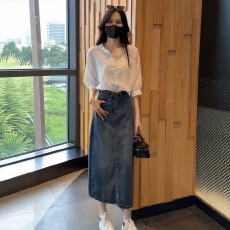 批发夏季穿搭一整套大码胖mm条纹衬衫牛仔半身裙<b class='q'>轻熟</b>风通勤时尚套装女