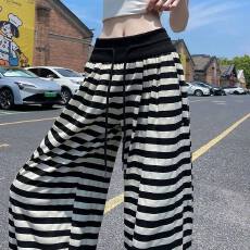 批发黑色撞色条纹阔腿裤<b class='q'>女</b>2026夏季新款高腰垂感宽松慵懒休闲直筒裤