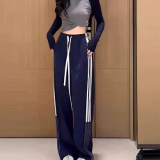 批发美式侧条纹休闲裤女夏季校服裤高腰显瘦垂感直筒西装阔腿运动裤