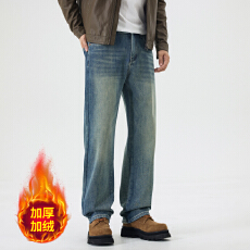 批发新款冬季加绒男士牛仔<b class='q'>时尚</b>潮牌休闲怀旧无弹宽松直筒青年牛仔裤男