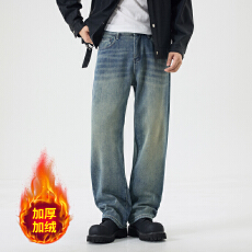 批发新款冬季加绒男士牛仔<b class='q'>时尚</b>潮牌休闲怀旧无弹宽松直筒青年牛仔裤男