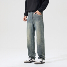 批发秋冬季时尚高街潮牌水洗黄泥色微弹宽松直筒牛仔长裤