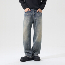 批发新款秋冬季男士牛仔时尚潮牌休闲无弹怀旧宽松直筒青年牛仔裤男