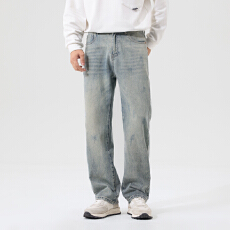 秋冬季美式高街潮牌水洗黄泥色无弹宽松直筒牛仔长裤