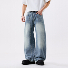 批发春夏季男士牛仔时尚潮牌休闲无弹怀旧宽松弯刀裤青年牛仔裤男