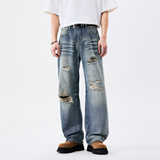批发春夏季男士牛仔时尚潮牌休闲微弹怀旧宽松直筒青年牛仔裤男