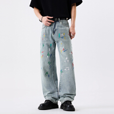 批发春夏季男士牛仔时尚潮牌休闲微弹怀旧宽松直筒青年牛仔裤男