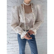 批发<b class='q'>韩国</b>东大门<b class='q'>代购</b>秋新款时尚蕾丝拼接边方领收腰衬衫