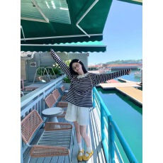 批发张爆爆 日系<b class='q'>蕾丝</b>拼接藏青条纹打底衫小个子长袖上衣娃娃领T恤百搭