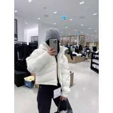 批发AL冬季立领连帽短款羽绒服女保暖假两件双层拉链抽绳白鸭绒外套