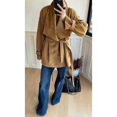 批发新款冬季韩版百搭时尚翻领系带收腰麂皮绒雨羽绒短款风衣外套女