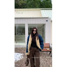 批发美式街头设计感牛仔拼接羊羔绒羽绒外套女秋冬宽松棉衣