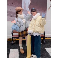 批发设计感短款小个子韩版毛领围脖两穿白鸭绒2025冬新款花边羽绒服女