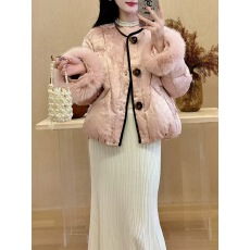 批发国风提花羽绒服女獭兔毛上衣2025冬季新款新中式白鸭绒面包服外套