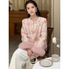 批发新中式加羽绒重工外套女秋冬新款高级感刺绣亮片袖毛国风鸭绒上衣